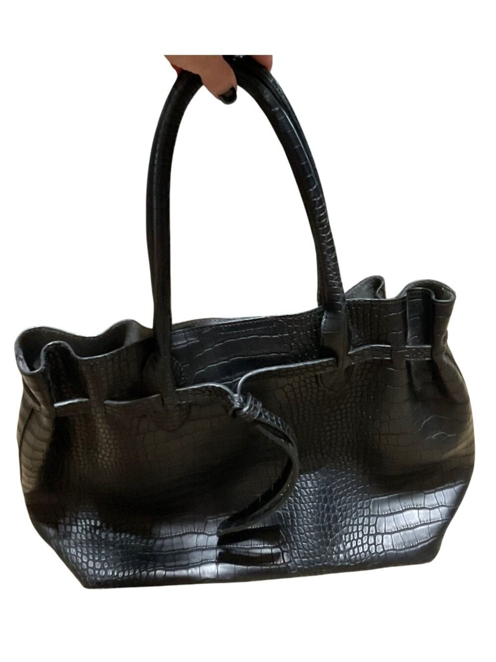Black Faux Leather Crocodile Embossed Large Tote Handbag 12 X 14 X 5.5
